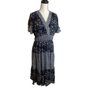 Bohemian Floral Midi Dress With Smocked Waist & Ruffled Sleeves  Size Medium